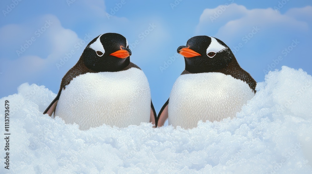 Fototapeta premium Two Gentle Penguins Nestled Together in Snowy Landscape