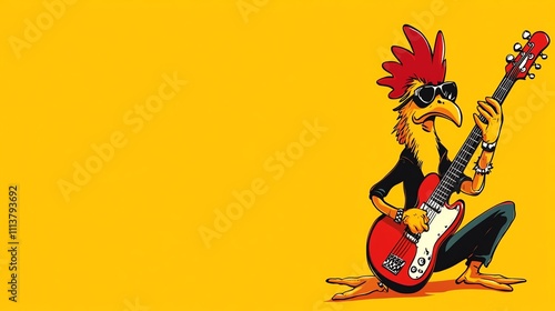 A cartoon rooster in sunglasses is playing an electric guitar.