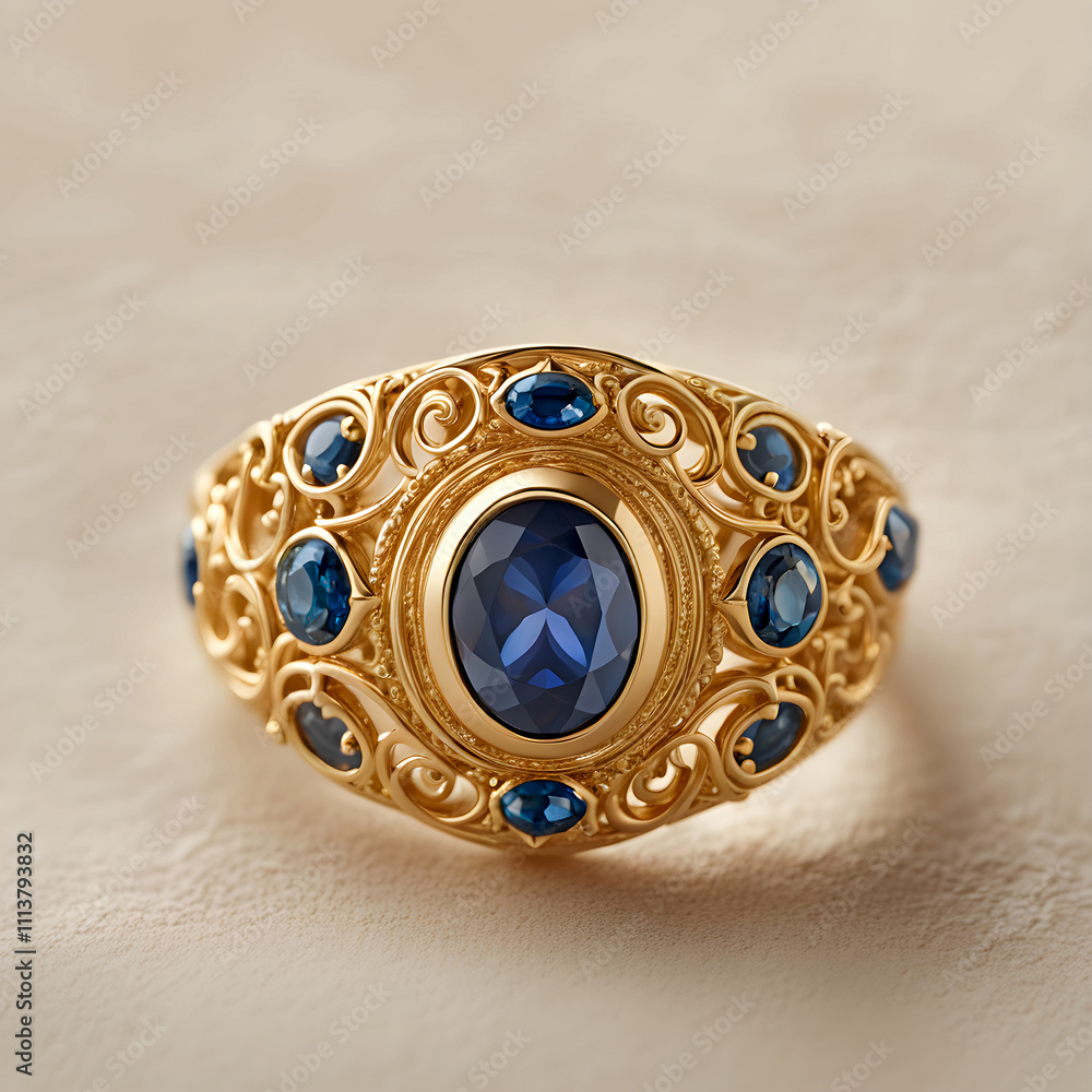 Gold ring decorated with blue gemstones, on a light beige surface Gold ring decorated with blue gemstones, on a light beige surface