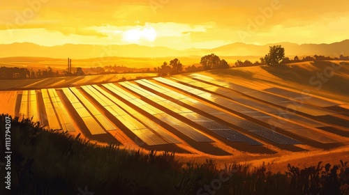 A sunset view of solar panels in a rural setting, casting long shadows across a field, evoking a sense of harmony between technology and nature in the quest for renewable energy