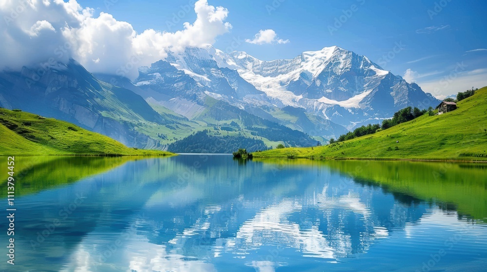 Stunning Mountain Reflections in Clear Blue Lake Under Bright Sky Stunning Mountain Reflections in Clear Blue Lake Under Bright Sky