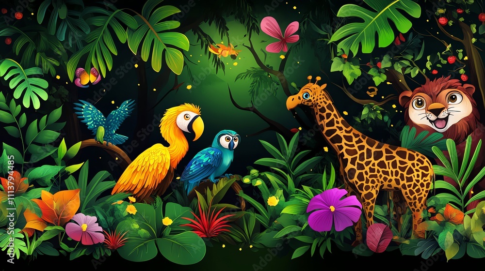 Obraz premium Colorful jungle scene with animals like giraffe, lion, parrot and owl.