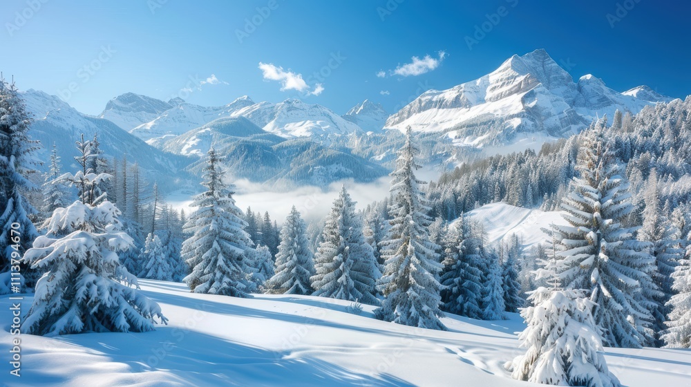 Serene Winter Landscape with Snow-Capped Mountains and Pine Trees Serene Winter Landscape with Snow-Capped Mountains and Pine Trees
