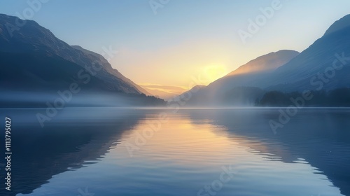 Serene Morning Landscape with Mountains and Calm Lake Reflection