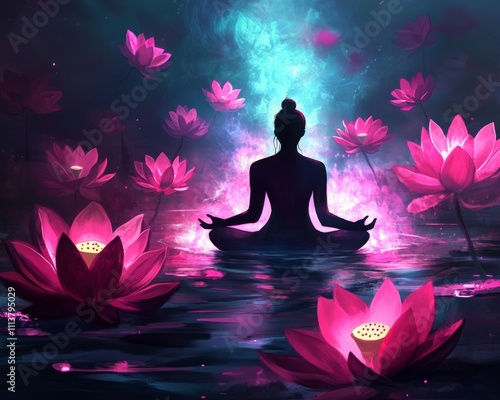 Serene Meditation Surrounded by Glowing Blooming Lotuses