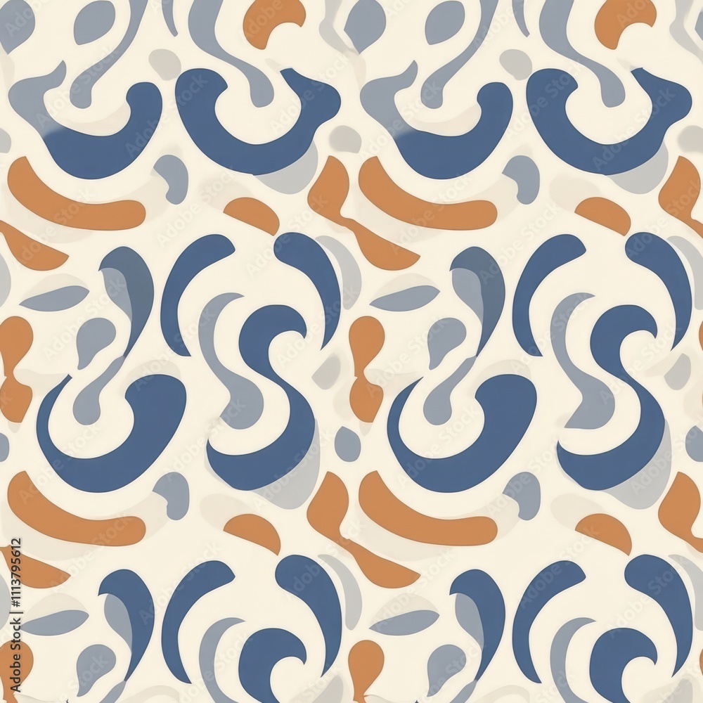 Abstract seamless pattern with organic shapes in blue, orange, and grey on a beige background. Abstract seamless pattern with organic shapes in blue, orange, and grey on a beige background.