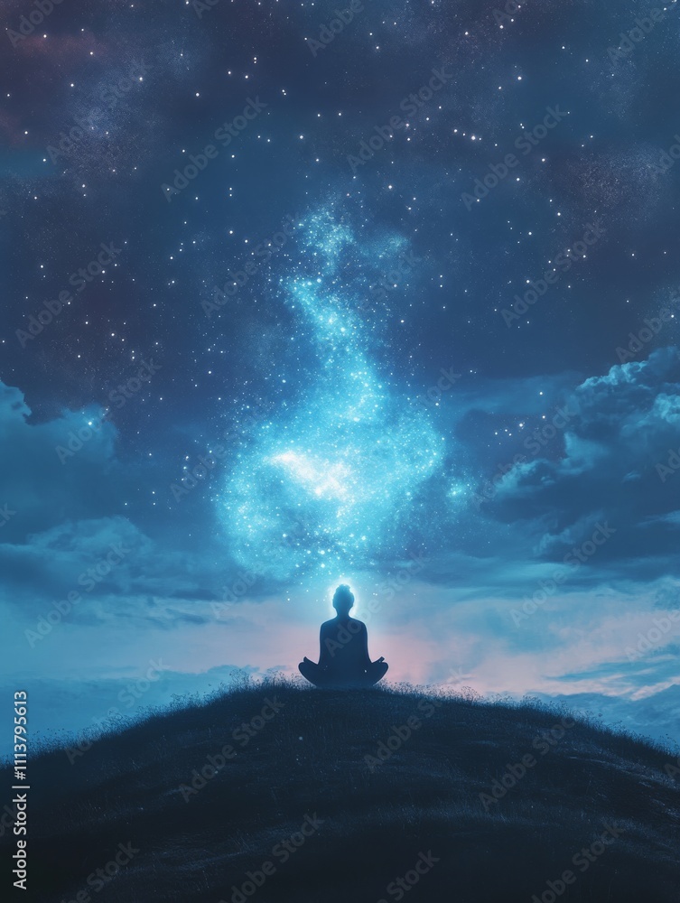 Person Meditating Under Twilight Sky with Stars Person Meditating Under Twilight Sky with Stars