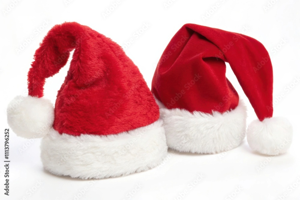 Two Red Santa Hats on White Background for Christmas Celebration Two Red Santa Hats on White Background for Christmas Celebration