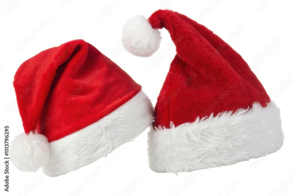 Two Red Santa Hats on White Background for Christmas Celebration Two Red Santa Hats on White Background for Christmas Celebration