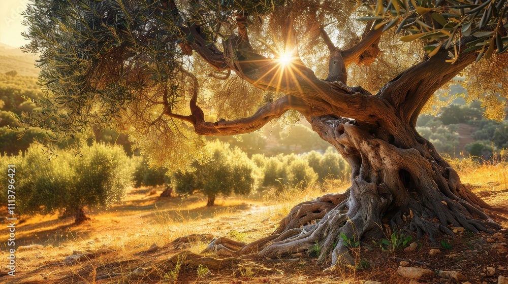 Ancient Olive Tree with Sunlight in Beautiful Mediterranean Landscape Ancient Olive Tree with Sunlight in Beautiful Mediterranean Landscape