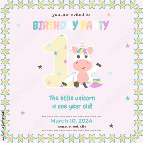 Happy first birthday  with magical unicorn horse with greeting card vector, Happy birthday greeting card  with cute unicorns