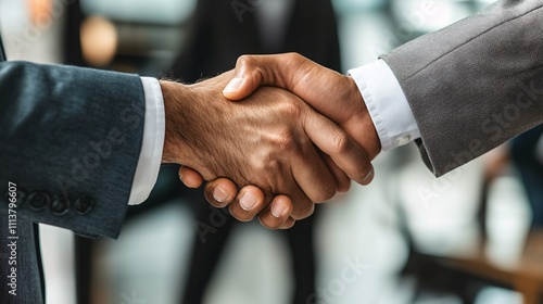 Two businessmen shaking hands, closing a deal in modern office