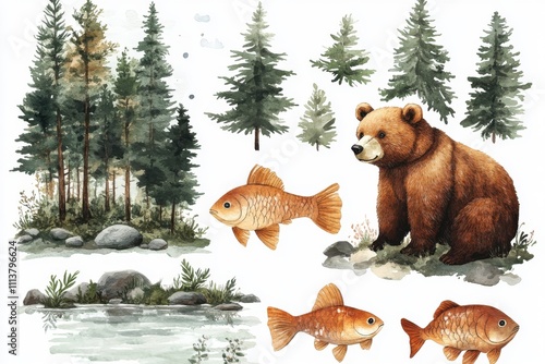 A watercolor illustration featuring a bear, fish, and forest scenery.