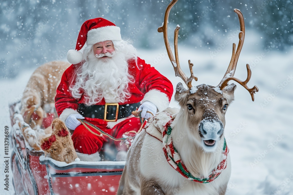 a santa claus with a beard and red costume rides on a sleigh in the snow with reindeer a santa claus with a beard and red costume rides on a sleigh in the snow with reindeer