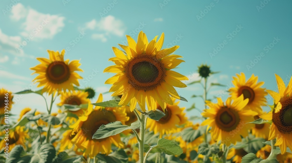 Fototapeta premium Bright Sunflower Field Under Clear Blue Sky with Fluffy Clouds