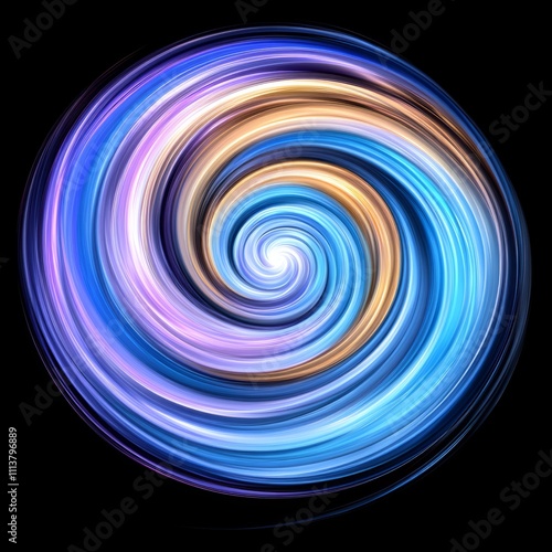 Abstract swirling vortex of blue, purple, and gold hues on a black background.