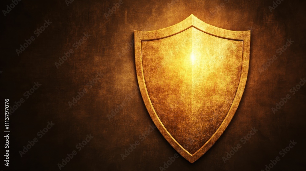 Fototapeta premium A golden shield against a textured brown background, symbolizing protection, strength, and resilience.
