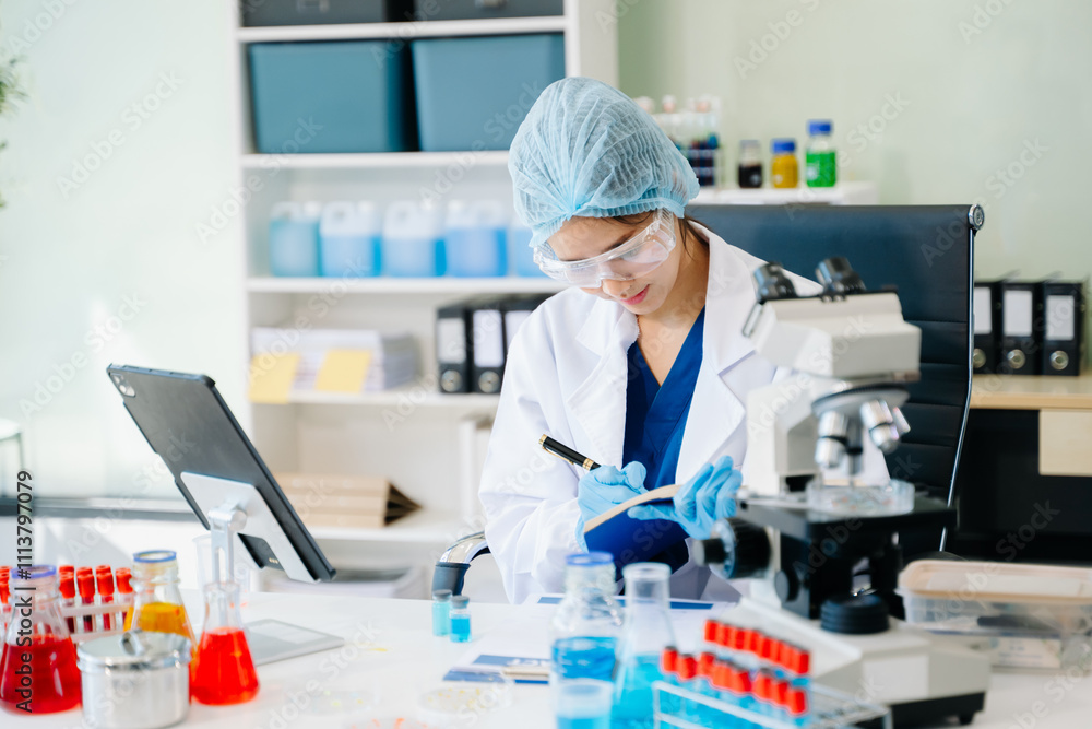 female scientist working with micro pipettes analyzing biochemical female scientist working with micro pipettes analyzing biochemical