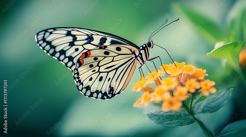 Fototapeta premium Elegant Butterfly Feeding on Yellow Flowers