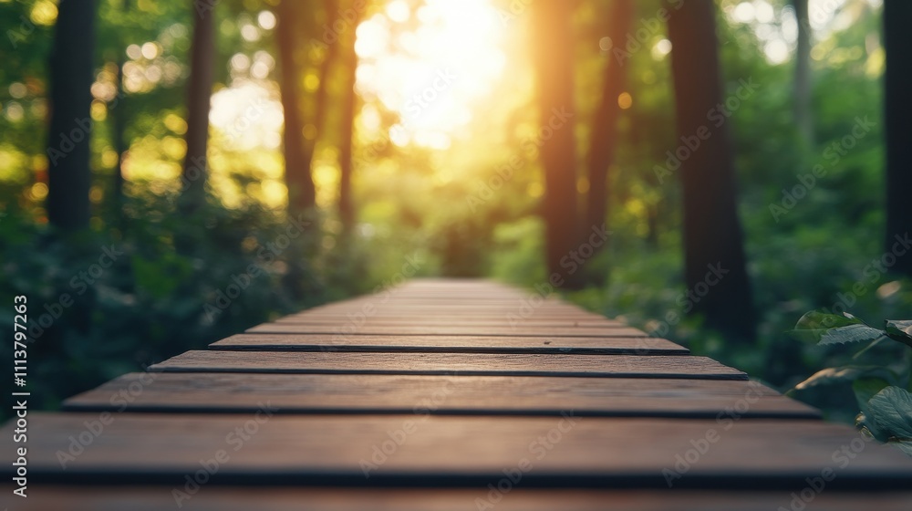 A serene wooden pathway leads through a lush forest, illuminated by warm sunlight filtering through the trees. A serene wooden pathway leads through a lush forest, illuminated by warm sunlight filtering through the trees.