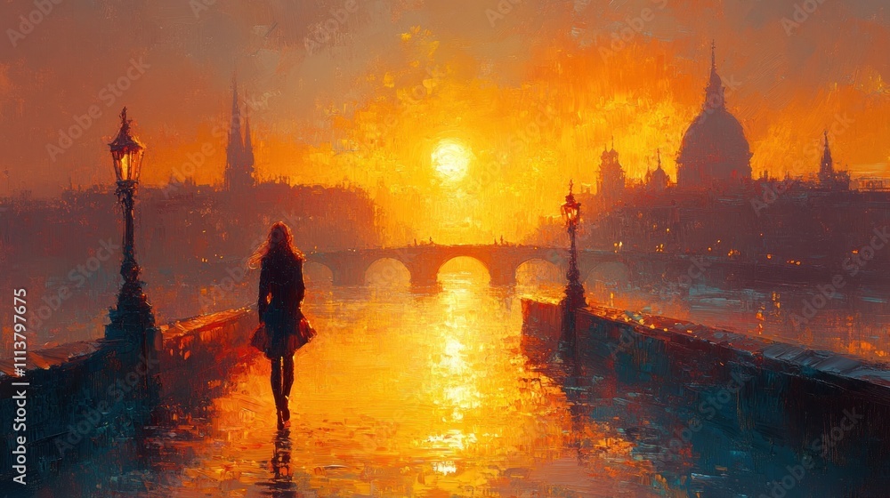 Fototapeta premium Woman Walking on a City Bridge at Golden Hour with Soft Sunlight Reflecting off Water