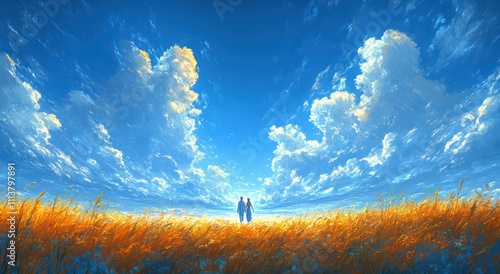 Jesus Walking with a Christian Youth in a Serene Landscape Under Blue Skies Symbolizing Guidance, Friendship, and Spiritual Peace
