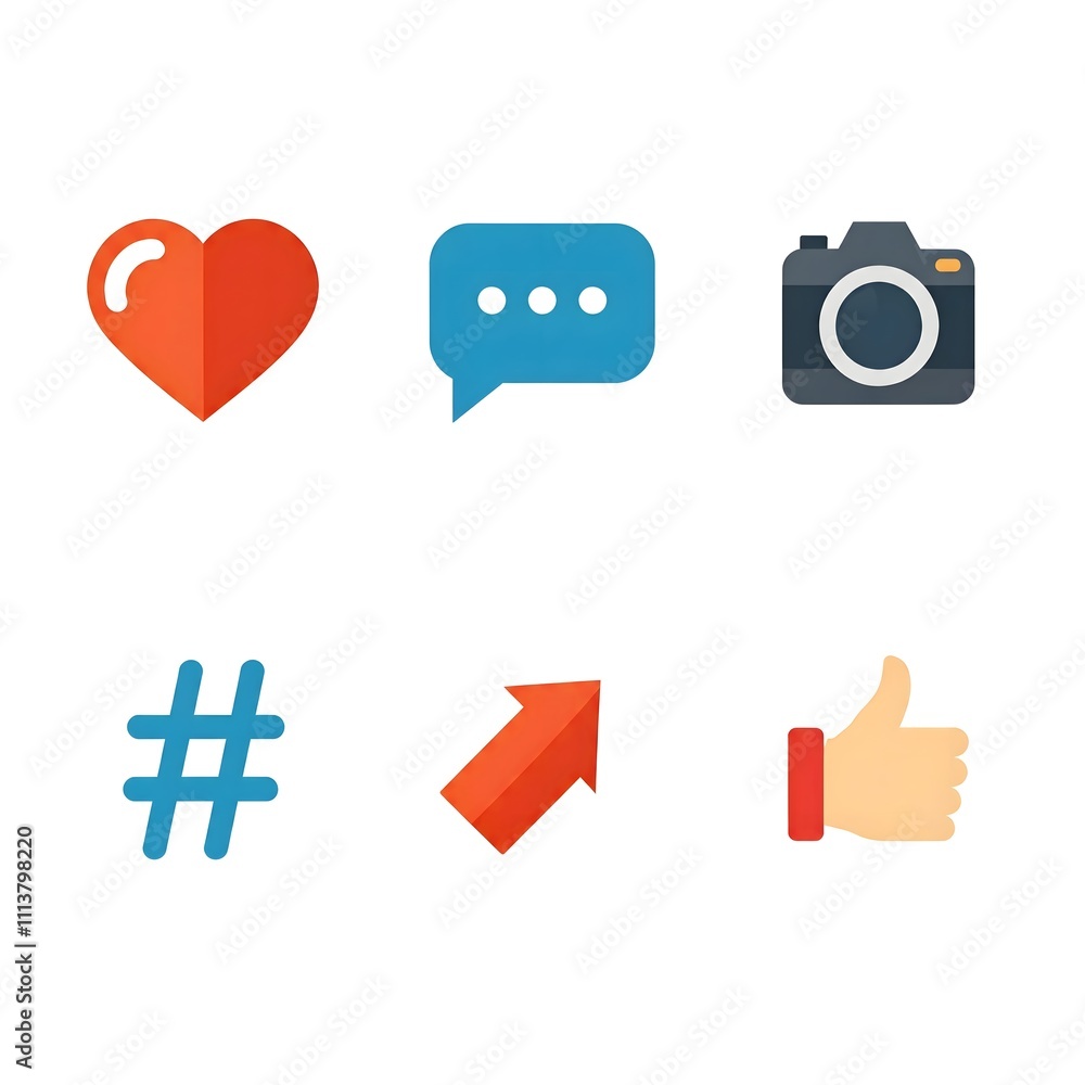 Fototapeta premium High-Resolution Social Media Icons, a heart, chat bubble, camera, hashtag, share arrow, and like thumb icon set