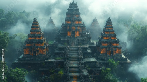 Fototapeta Naklejka Na Ścianę i Meble -  Ancient temple shrouded in mist, majestic stone architecture, jungle setting.