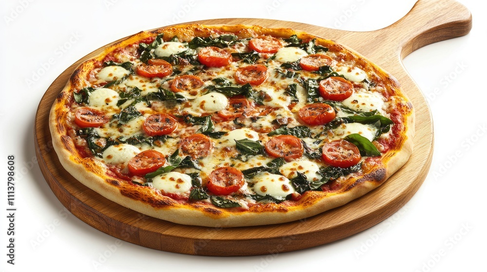 A vibrant margherita pizza with a perfectly charred crust, topped with fresh basil, mozzarella, and ripe tomatoes, presented on a wooden pizza peel A vibrant margherita pizza with a perfectly charred crust, topped with fresh basil, mozzarella, and ripe tomatoes, presented on a wooden pizza peel