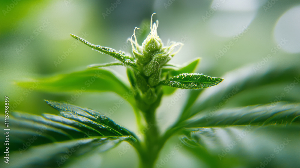 Close-up of cannabis sativa flower bud with vibrant green leaves Close-up of cannabis sativa flower bud with vibrant green leaves