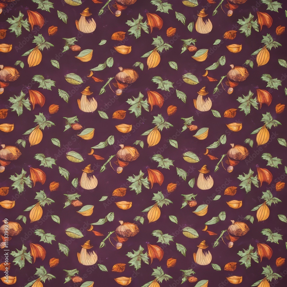 Autumnal seamless pattern with mushrooms, leaves, and acorns on a textured background. Autumnal seamless pattern with mushrooms, leaves, and acorns on a textured background.
