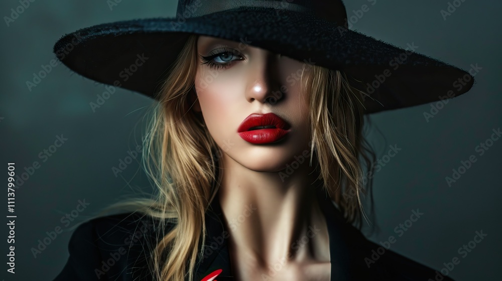 Mysterious blond girl in black hat and jacket with red nails. Mysterious blond girl in black hat and jacket with red nails.
