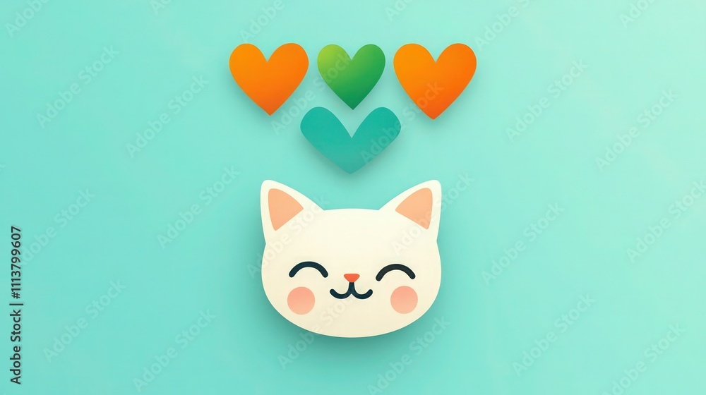 Obraz premium A simple, cheerful cat face with subtle blush on cheeks on a light teal background; above, three hearts in vibrant shades of orange, green, and blue radiate warmth.