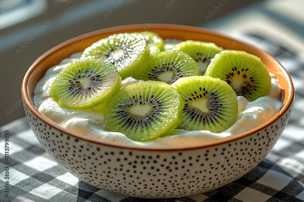 Yogurt with Kiwi Slices Fresh Fruit Breakfast Still Life Yogurt with Kiwi Slices Fresh Fruit Breakfast Still Life