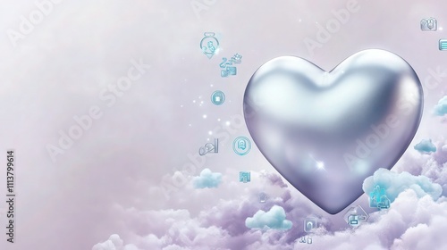 A silver heart set against soft lavender clouds, with floating icons and symbols in cool shades of blue and turquoise, creating a calm, ethereal scene. 