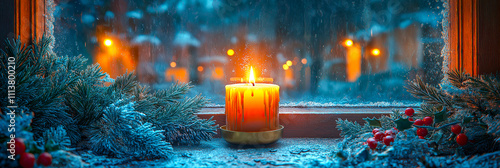 Christmas Candlelight Framing a Snowy Winter Scene.