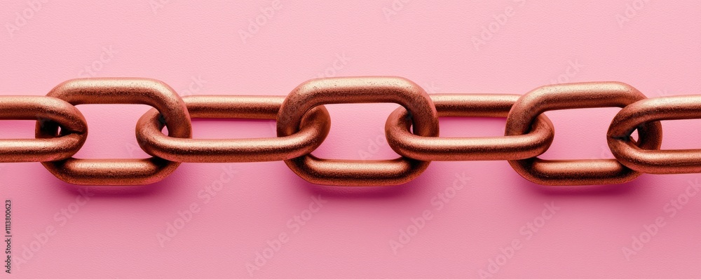 Technology information blockchain concept. A close-up of a copper chain against a pink background, showcasing the links' textures and colors in a minimalist style. Technology information blockchain concept. A close-up of a copper chain against a pink background, showcasing the links' textures and colors in a minimalist style.