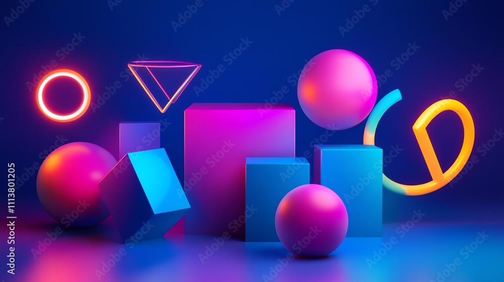 Abstract composition of geometric shapes, spheres and neon glowing lines in vibrant colors on a dark blue background.