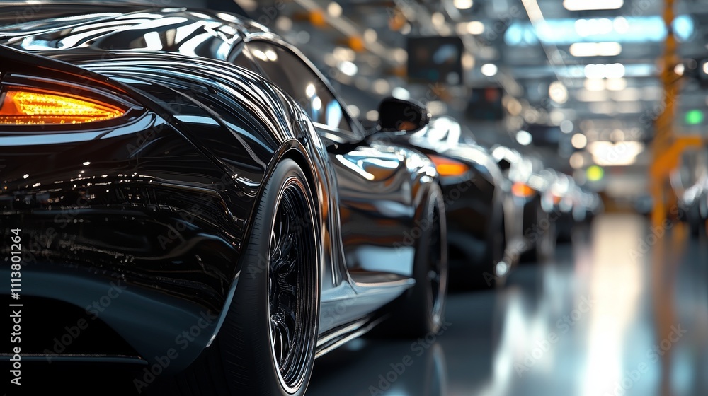 A car production line with black cars in the foreground
A car production line with black cars in the foreground