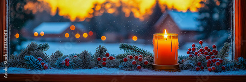 Christmas Candlelight Framing a Snowy Winter Scene.