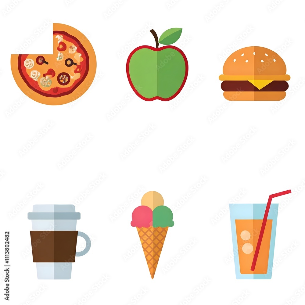 Fototapeta premium Clean Design Food & Drink Icon Pack, a slice of pizza, apple, burger, coffee cup, ice cream cone icon set