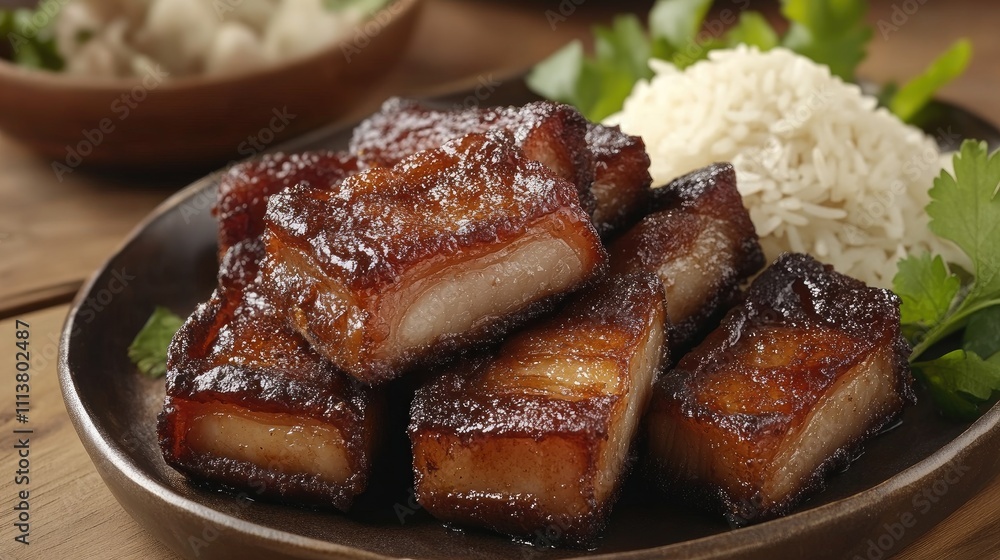 A warm and inviting image of fried pork belly served with a side of steamed jasmine rice, creating a comforting meal experience on a rustic table A warm and inviting image of fried pork belly served with a side of steamed jasmine rice, creating a comforting meal experience on a rustic table