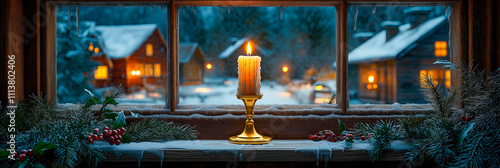 Christmas Candlelight Framing a Snowy Winter Scene.