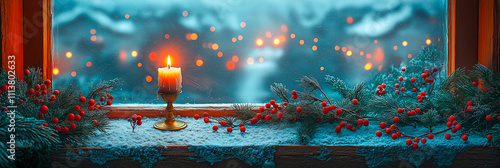 Christmas Candlelight Framing a Snowy Winter Scene.