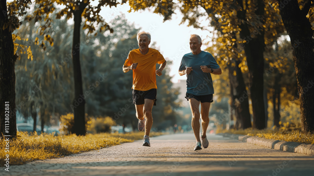 Obraz premium Elderly friends jogging in park enjoying healthy outdoor activity