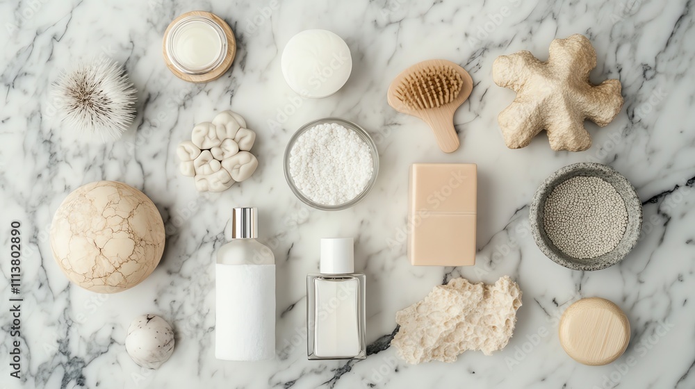 Flat lay of natural beauty products on marble background. Flat lay of natural beauty products on marble background.