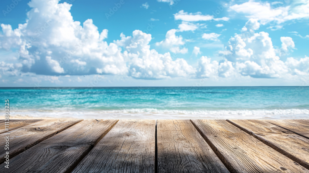 Fototapeta premium Wooden table facing a beautiful ocean and clear sky view