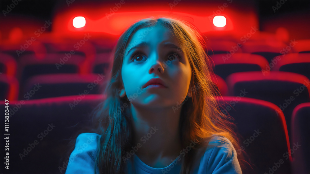 Joyful cinema experience: a little girl enjoying a movie at the theater Joyful cinema experience: a little girl enjoying a movie at the theater