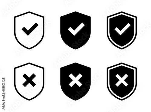 Shield with check and cross mark icon set. Safe and unsafe sign symbol