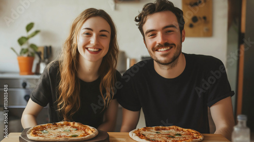 Man and woman njoying pizza together: a happy couple sharing a meal at home photo